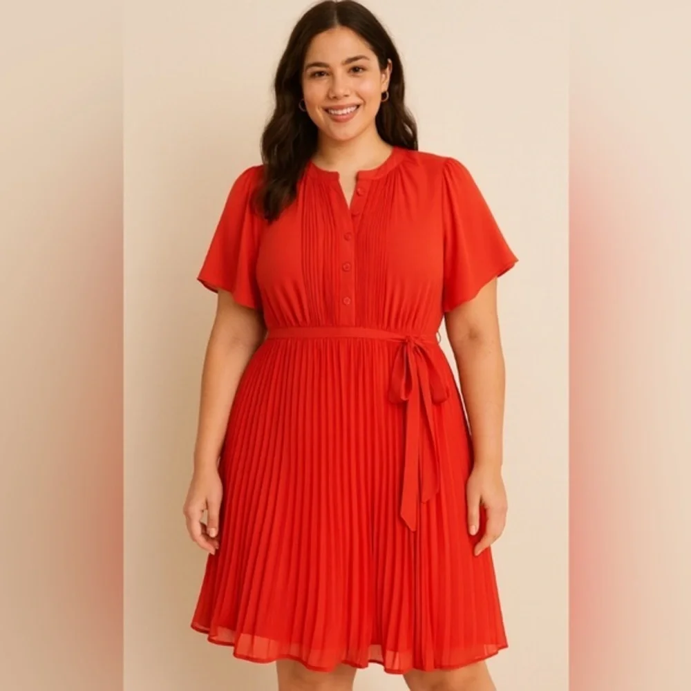 Umgee Boutique Women's Coral Red Soft Pleated Skirt  Tie Dress NWT M #2329